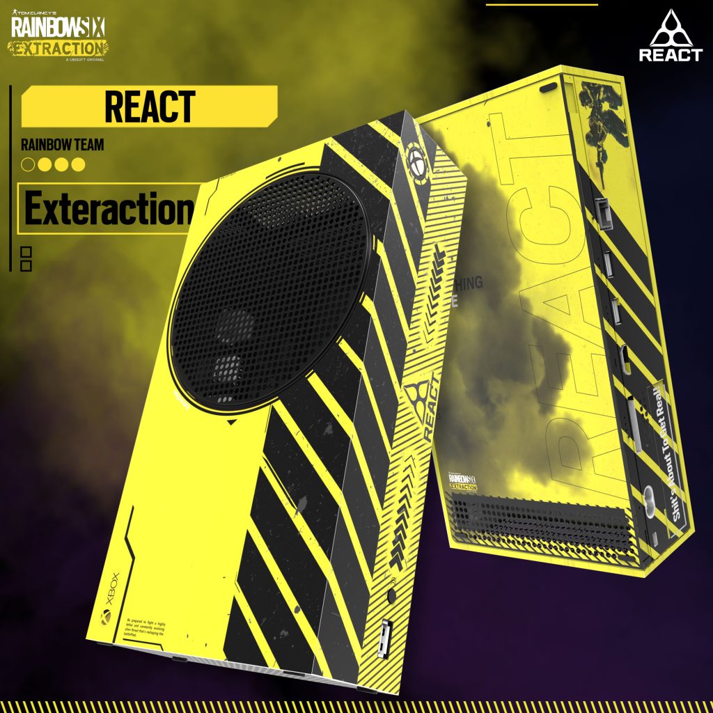 A custom Xbox Series S skin inspired by Rainbow Six Extraction, featuring a tactical and futuristic design.