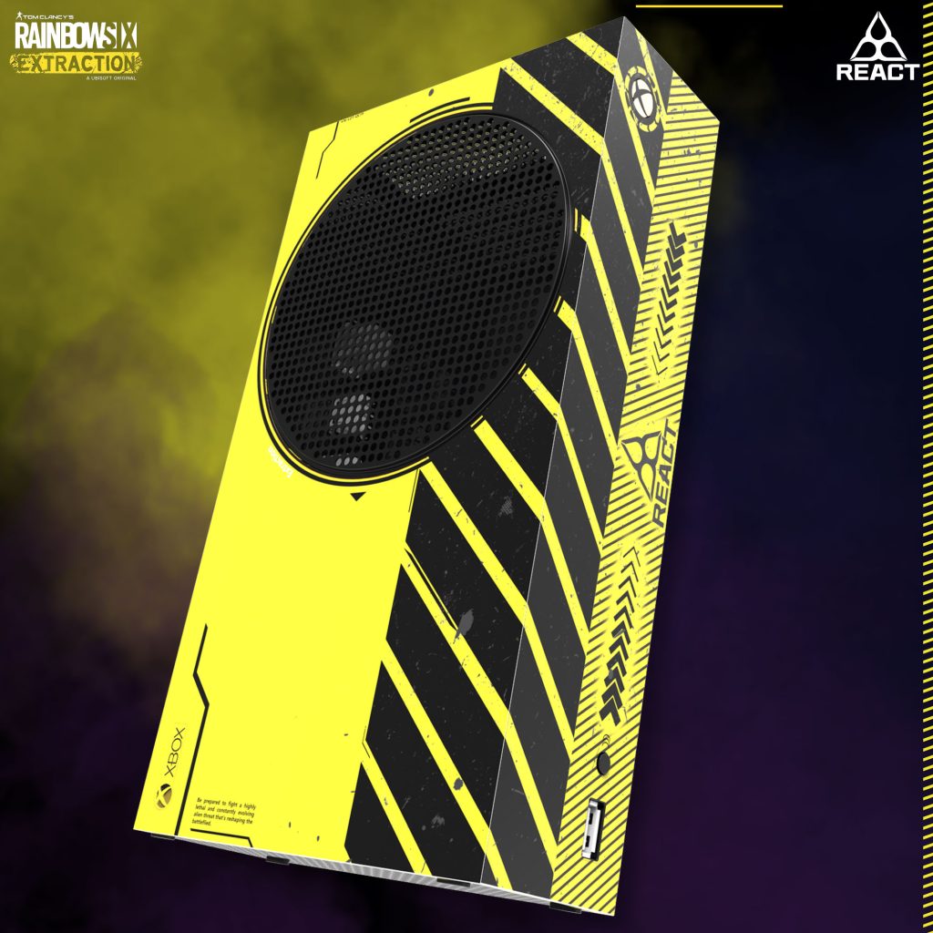 A custom Xbox Series S skin inspired by Rainbow Six Extraction, featuring a tactical and futuristic design.