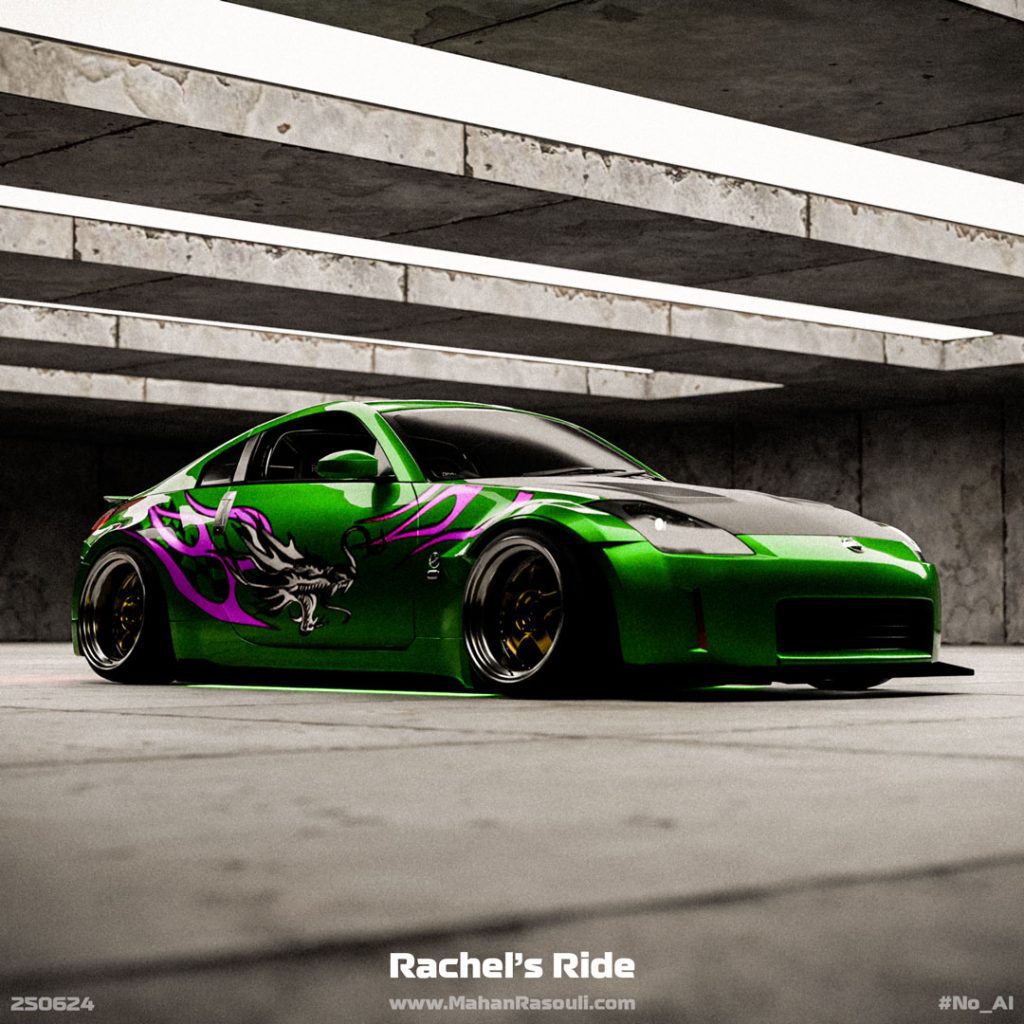A high-quality render of Rachel’s Nissan 350Z from Need for Speed Underground 2, featuring the iconic blue and orange livery.