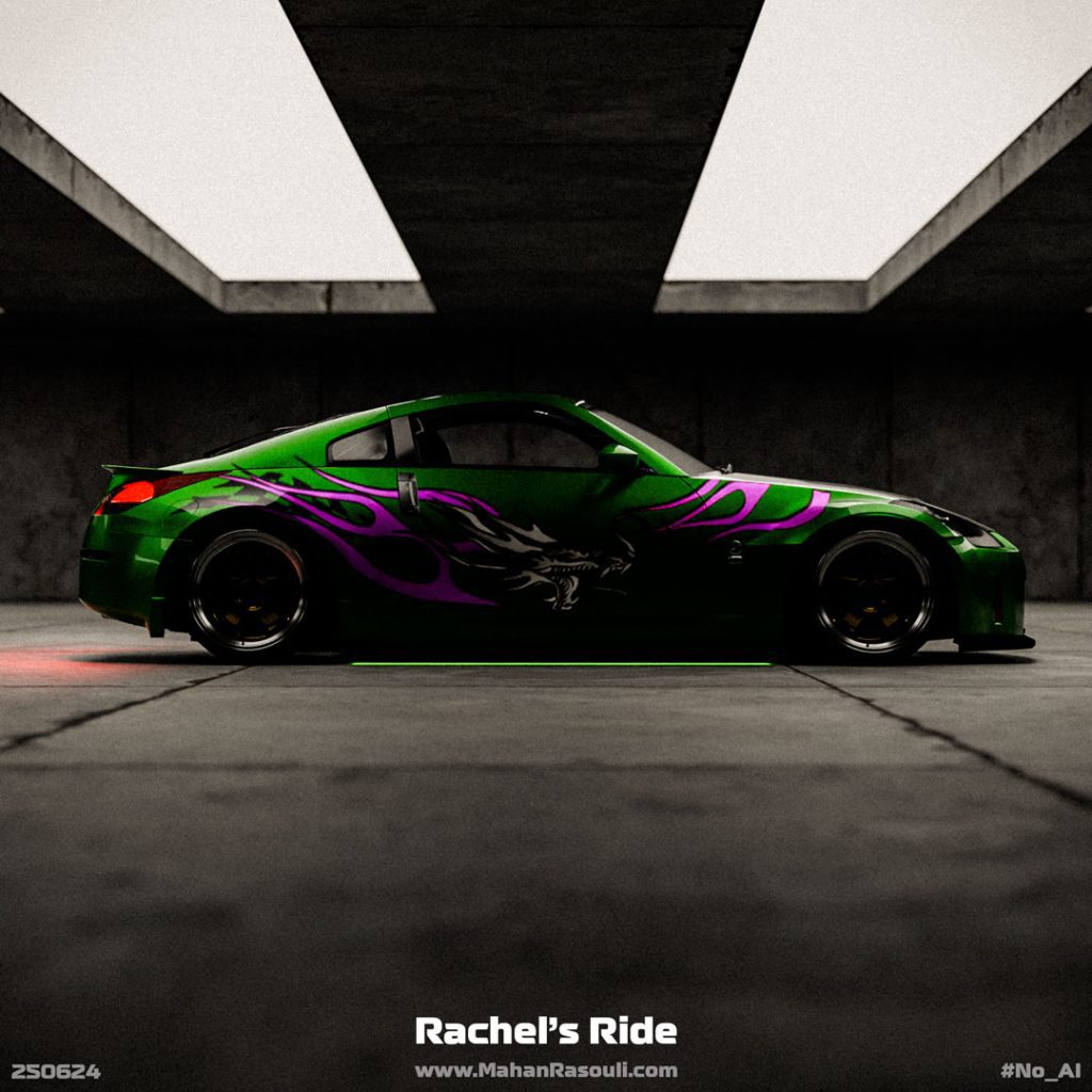 A high-quality render of Rachel’s Nissan 350Z from Need for Speed Underground 2, featuring the iconic blue and orange livery.