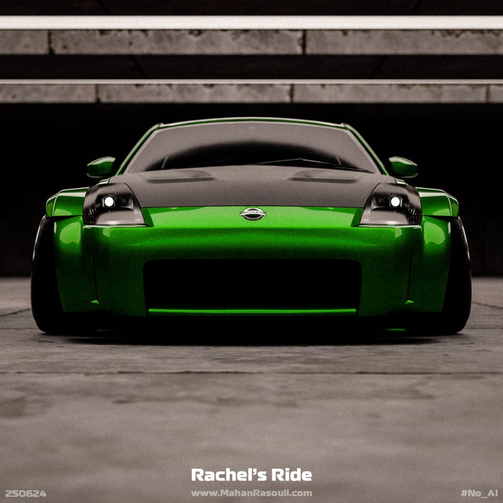A high-quality render of Rachel’s Nissan 350Z from Need for Speed Underground 2, featuring the iconic blue and orange livery.