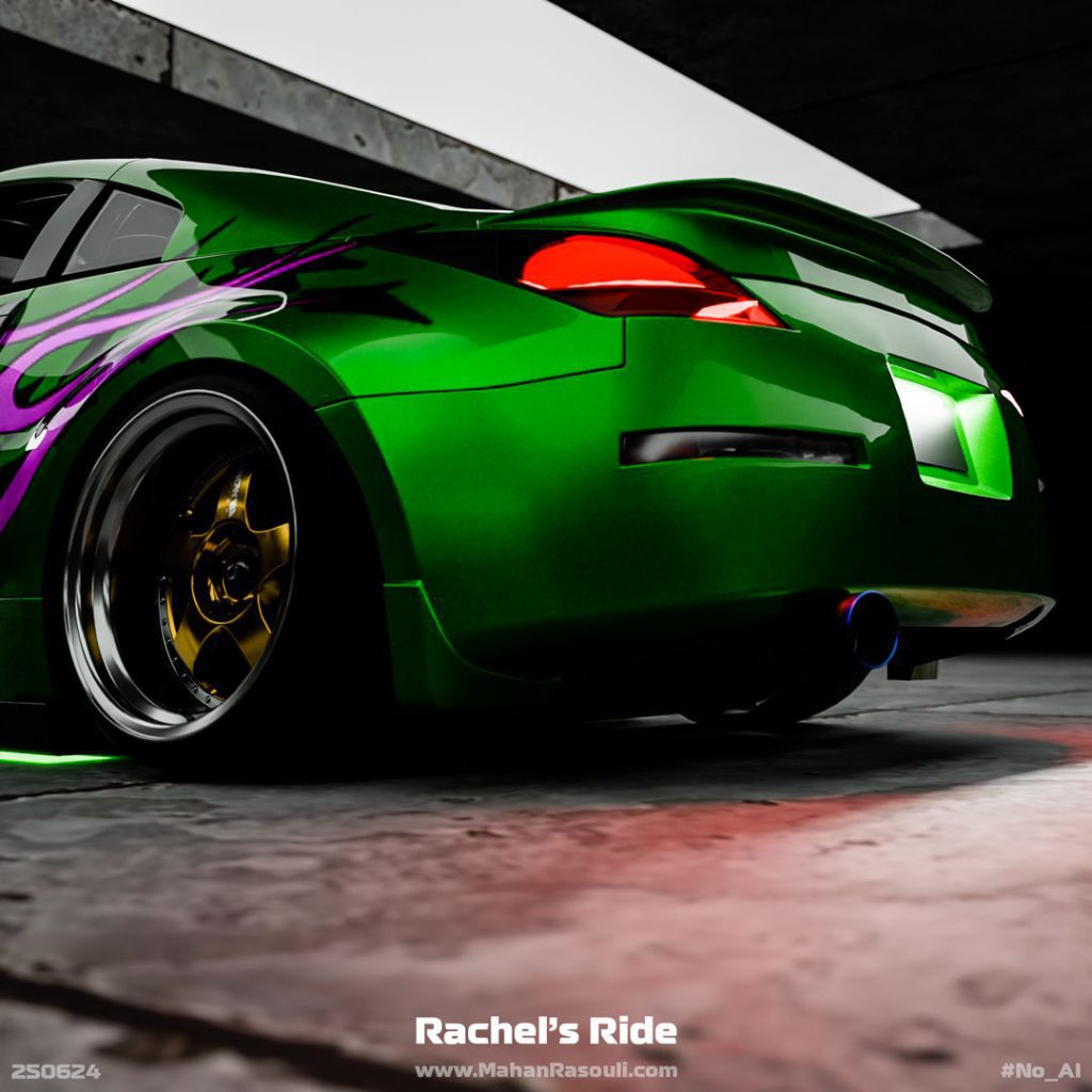 A high-quality render of Rachel’s Nissan 350Z from Need for Speed Underground 2, featuring the iconic blue and orange livery.