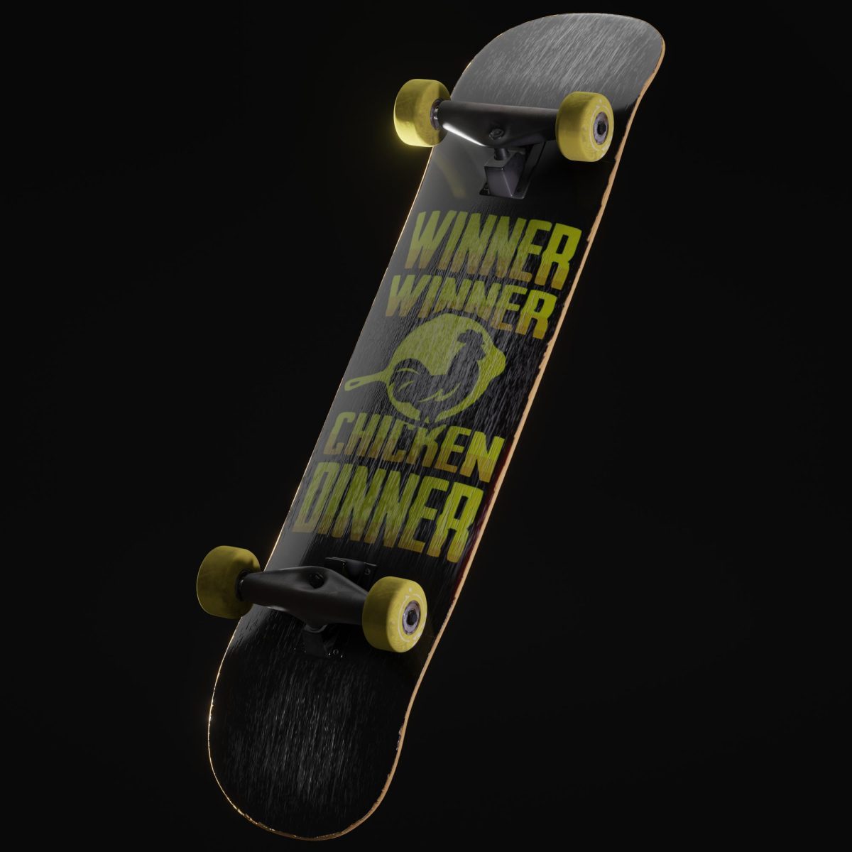 A skateboard rendering featuring the text 'Winner Winner Chicken Dinner,' combining gaming culture with skateboard design.
