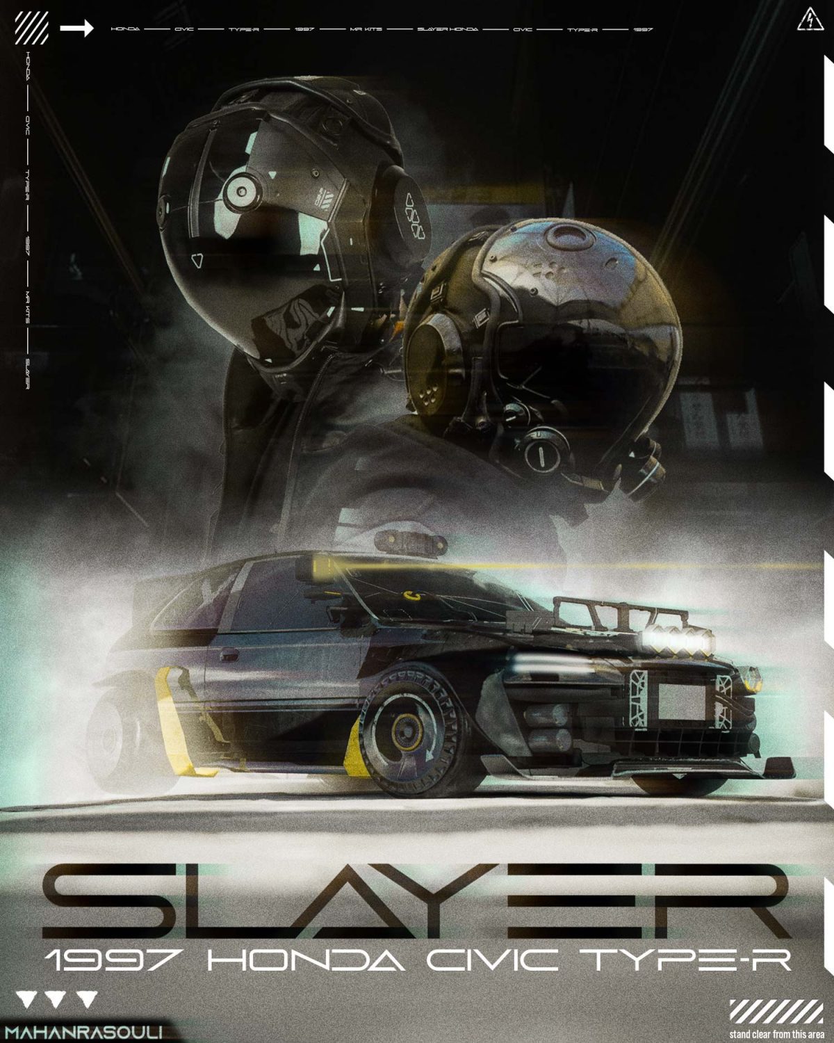 a poster of a tuned Honda Civic 1997 in black color and cyberpunk theme