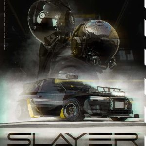 a poster of a tuned Honda Civic 1997 in black color and cyberpunk theme