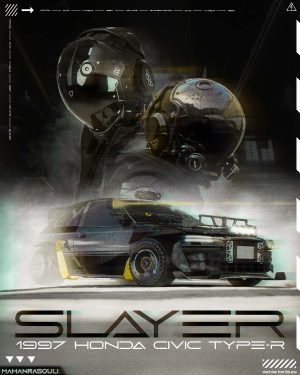 a poster of a tuned Honda Civic 1997 in black color and cyberpunk theme