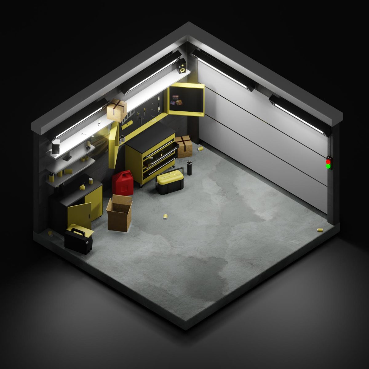 A highly detailed small garage diorama, featuring a realistic automotive workspace in a compact setting.