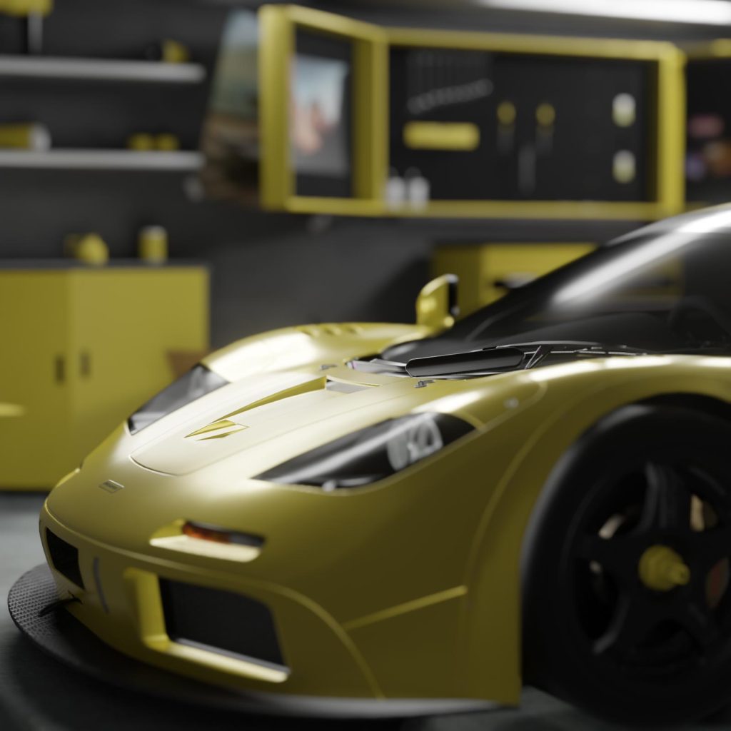 A highly detailed small garage diorama, featuring a realistic automotive workspace in a compact setting.