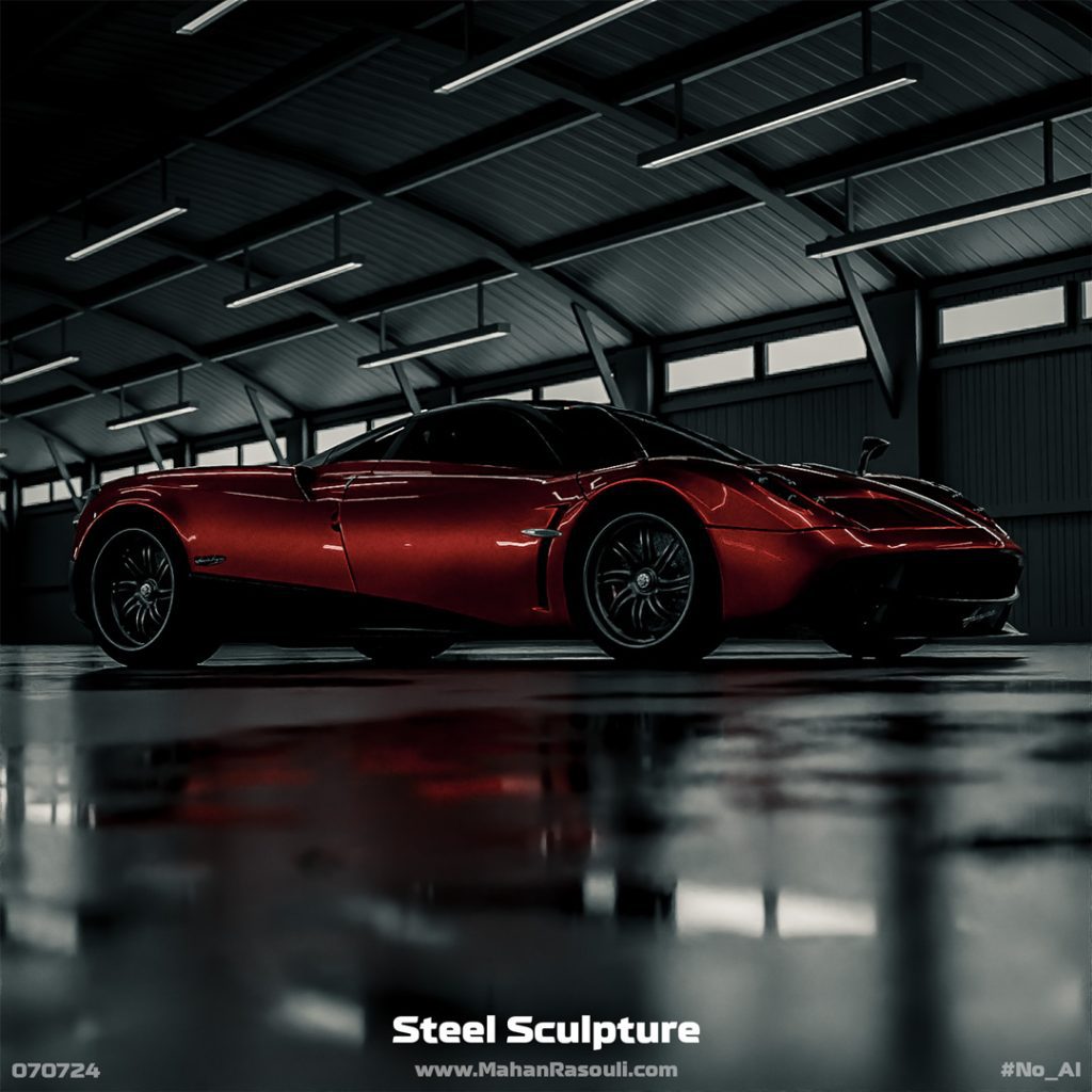 A high-quality render of a Pagani Huayra, emphasizing its sculptural curves and metallic reflections.