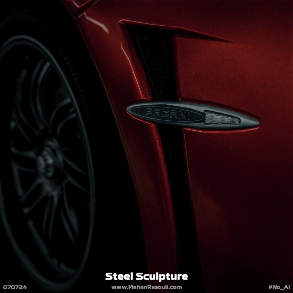 A high-quality render of a Pagani Huayra, emphasizing its sculptural curves and metallic reflections.