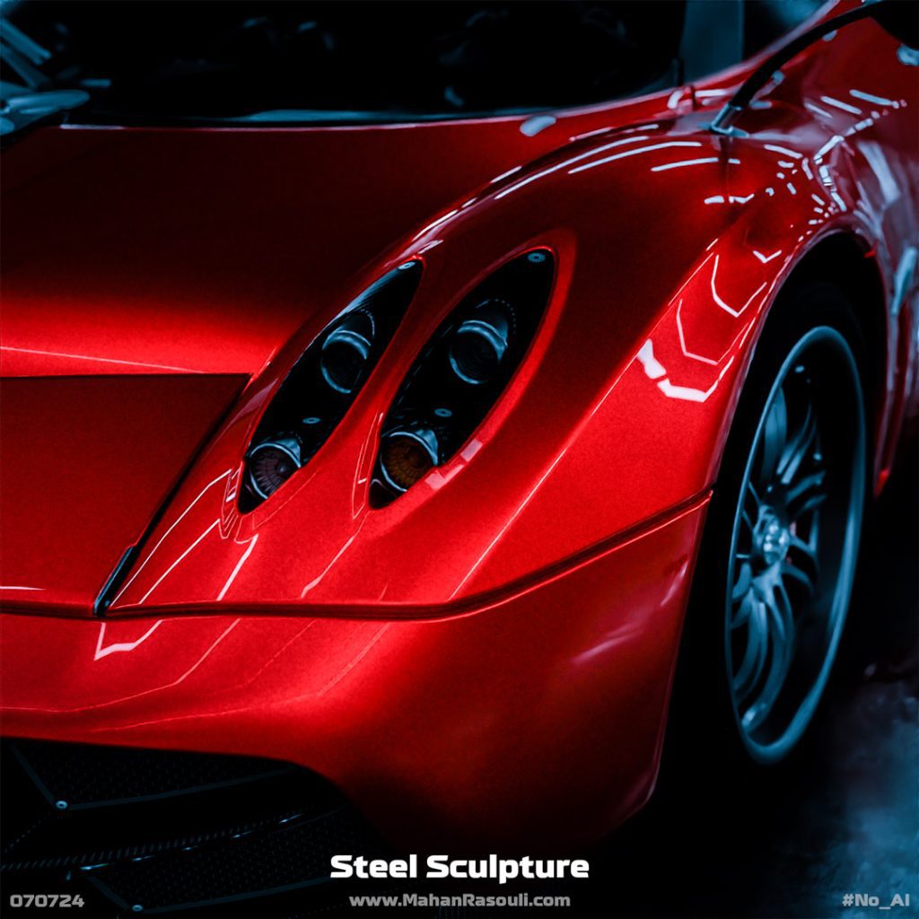 A high-quality render of a Pagani Huayra, emphasizing its sculptural curves and metallic reflections.