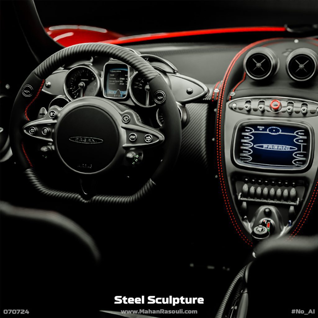 A high-quality render of a Pagani Huayra, emphasizing its sculptural curves and metallic reflections.