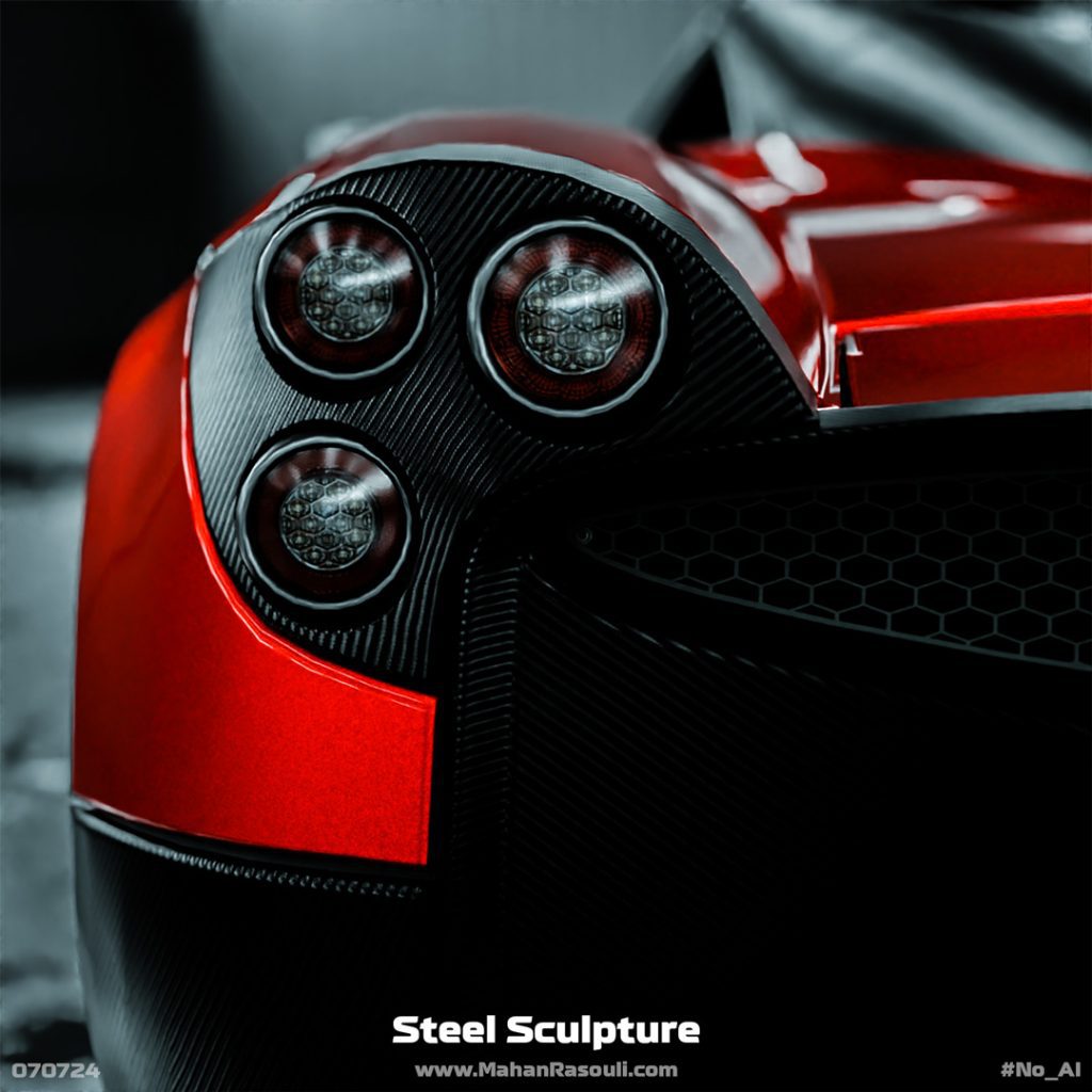 A high-quality render of a Pagani Huayra, emphasizing its sculptural curves and metallic reflections.