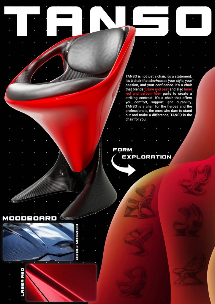 3D render of Tanso, a futuristic chair with carbon fiber and laser red elements by Mahan Rasouli