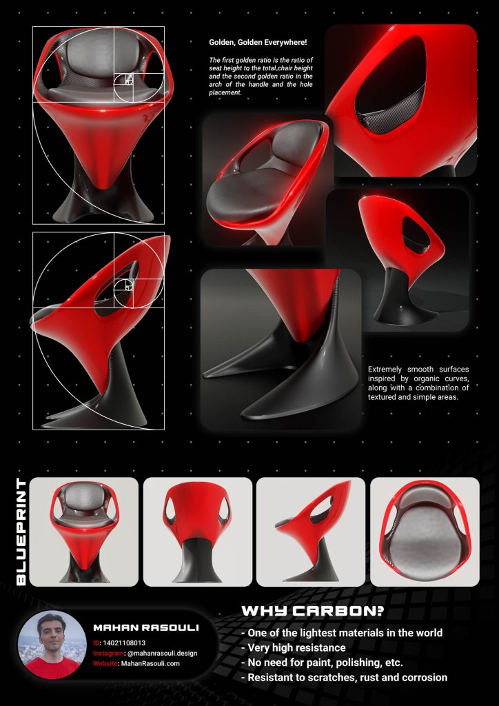 3D render of Tanso, a futuristic chair with carbon fiber and laser red elements by Mahan Rasouli