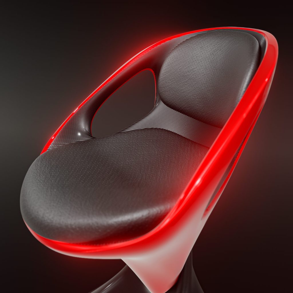 3D render of Tanso, a futuristic chair with carbon fiber and laser red elements by Mahan Rasouli