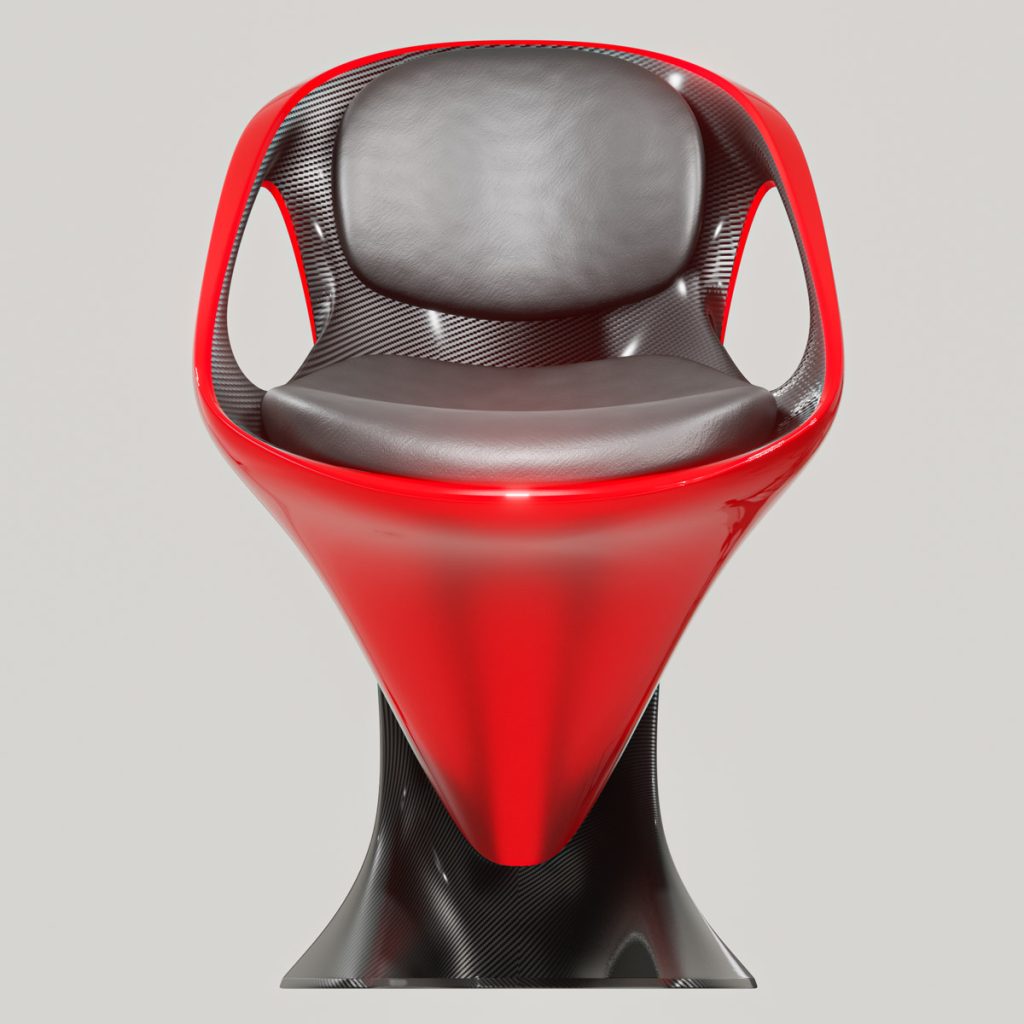 3D render of Tanso, a futuristic chair with carbon fiber and laser red elements by Mahan Rasouli
