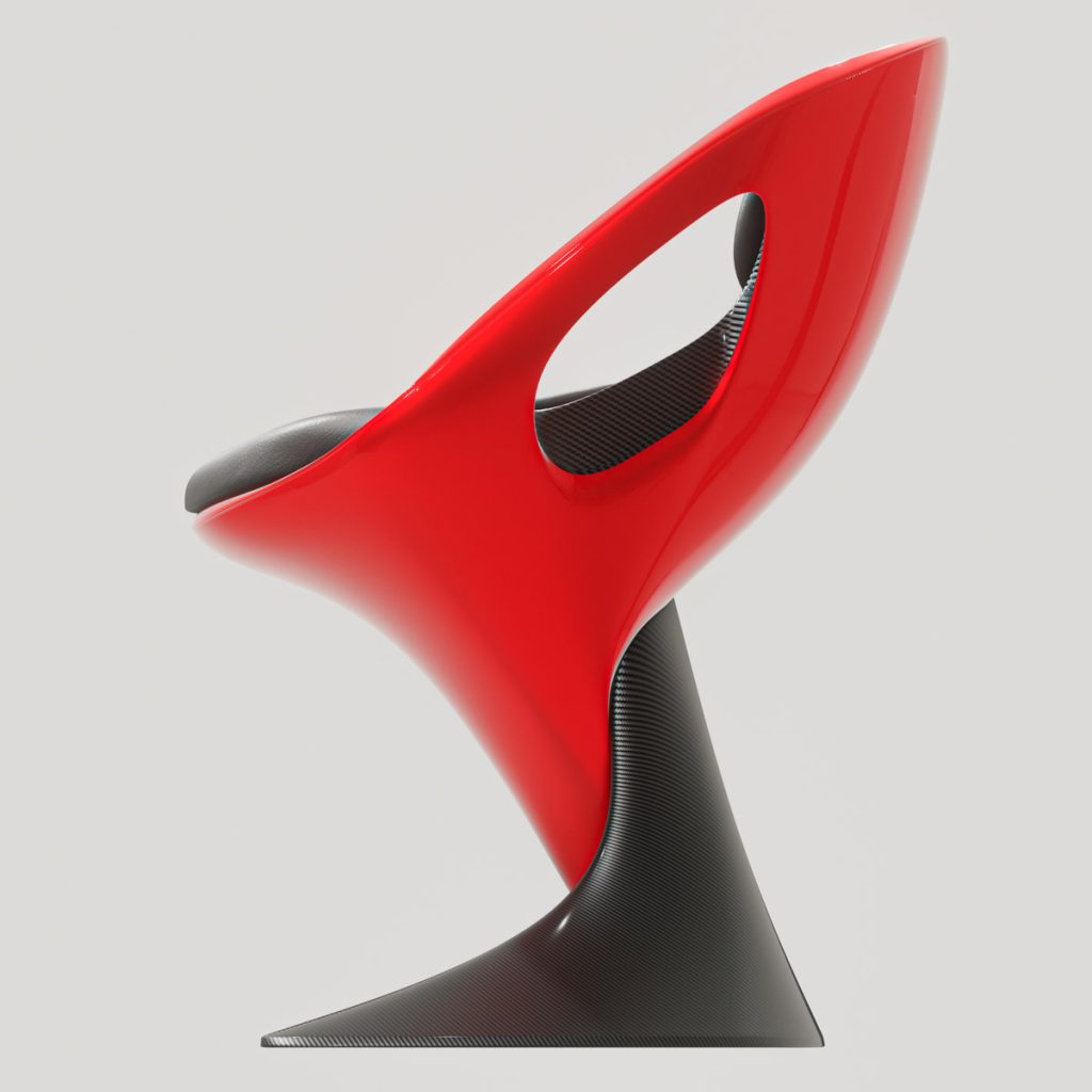 3D render of Tanso, a futuristic chair with carbon fiber and laser red elements by Mahan Rasouli