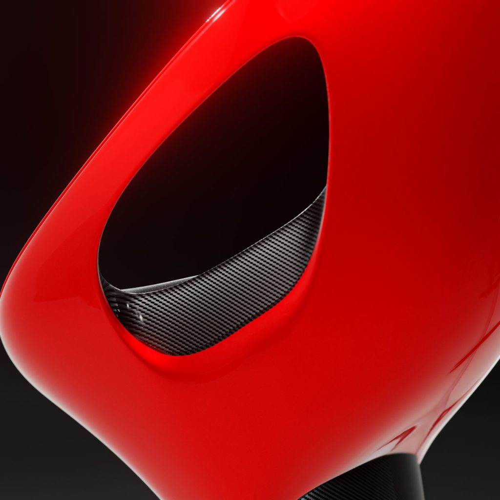 3D render of Tanso, a futuristic chair with carbon fiber and laser red elements by Mahan Rasouli