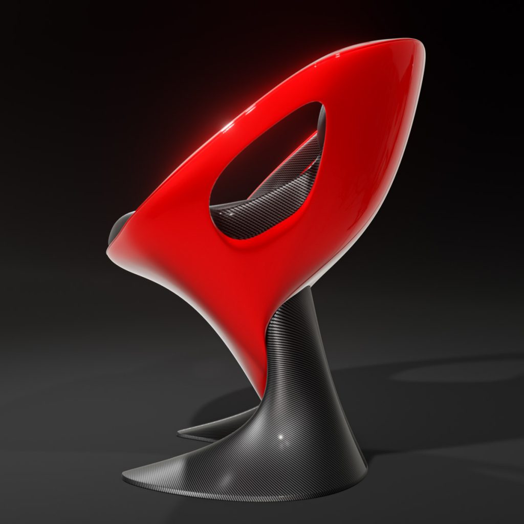 3D render of Tanso, a futuristic chair with carbon fiber and laser red elements by Mahan Rasouli