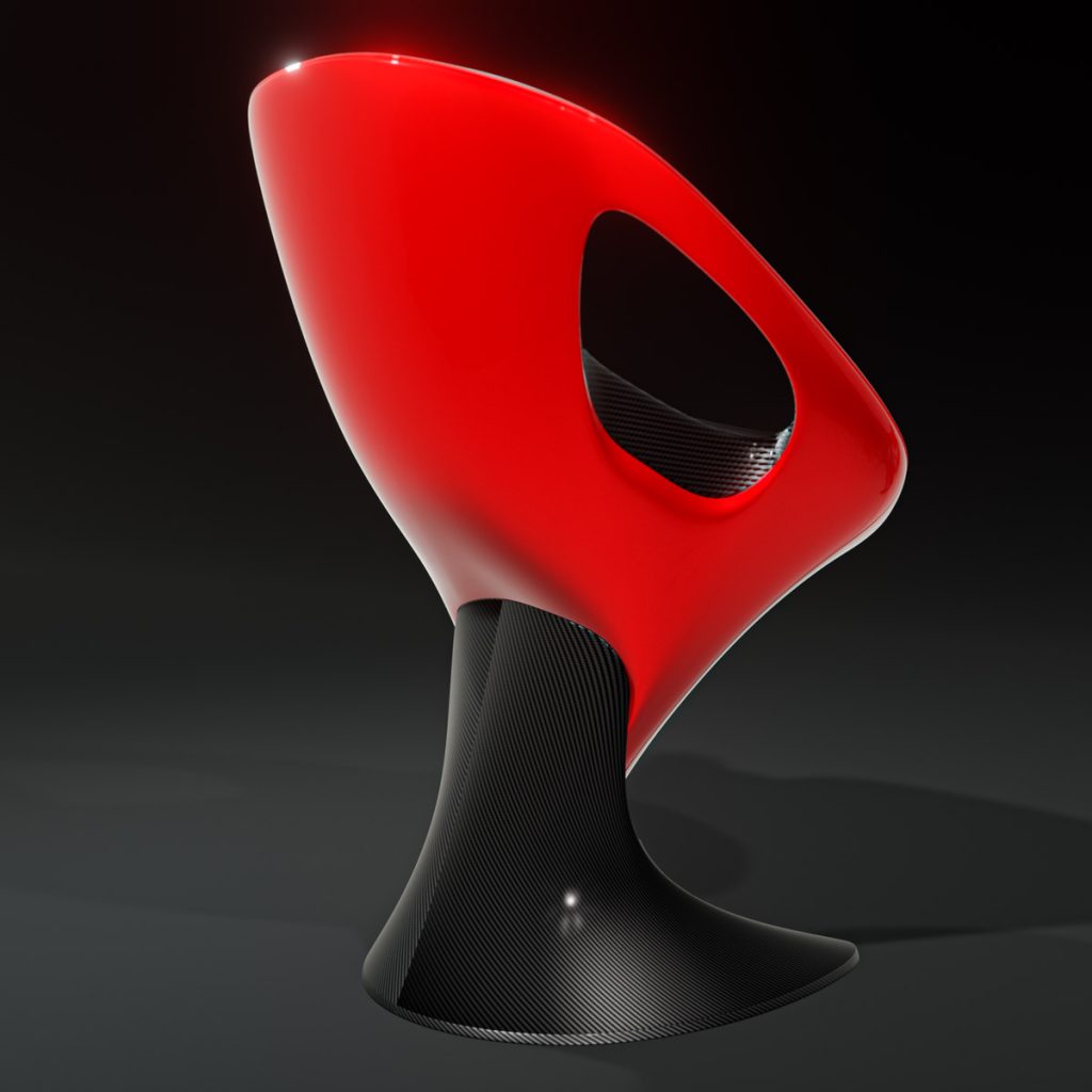 3D render of Tanso, a futuristic chair with carbon fiber and laser red elements by Mahan Rasouli