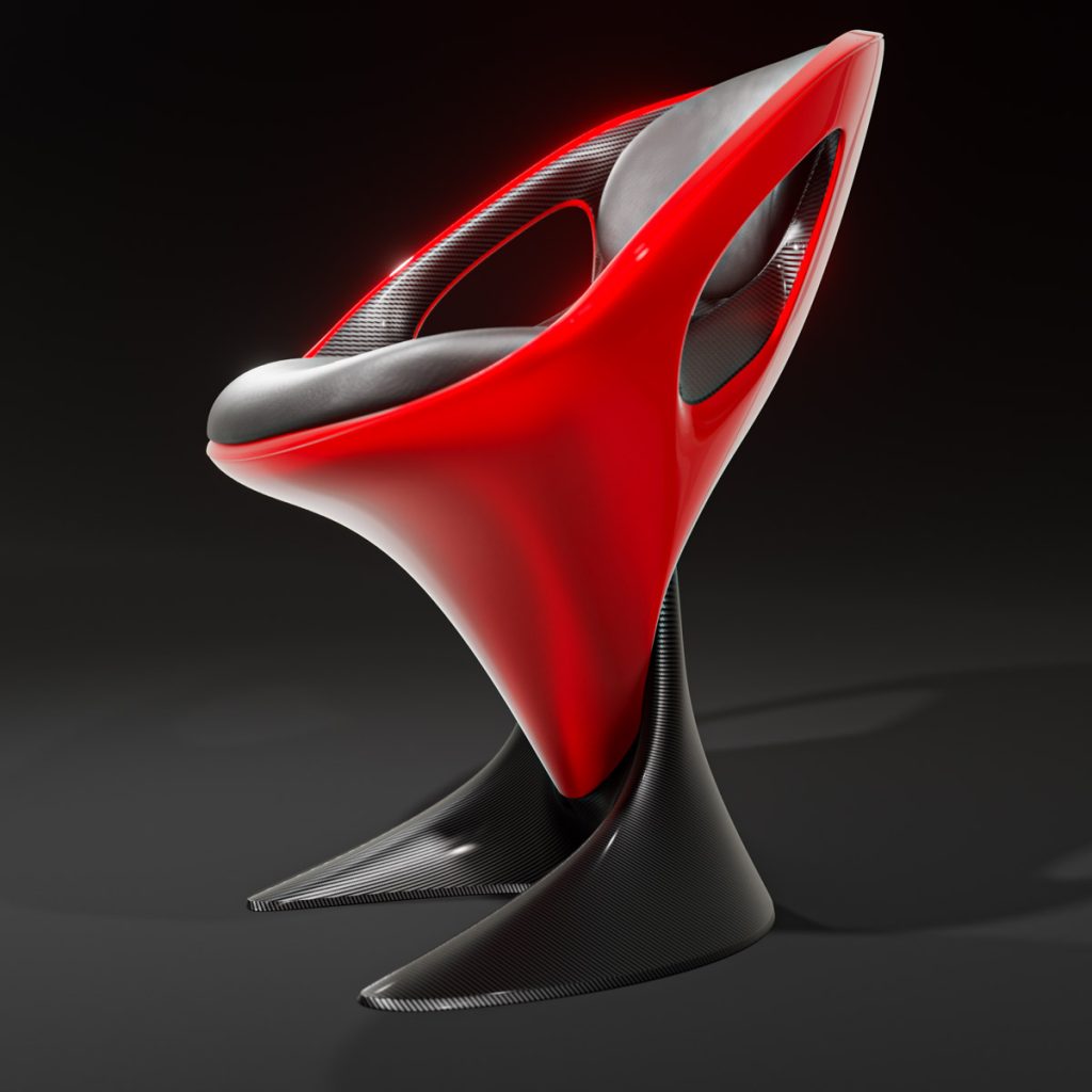 3D render of Tanso, a futuristic chair with carbon fiber and laser red elements by Mahan Rasouli