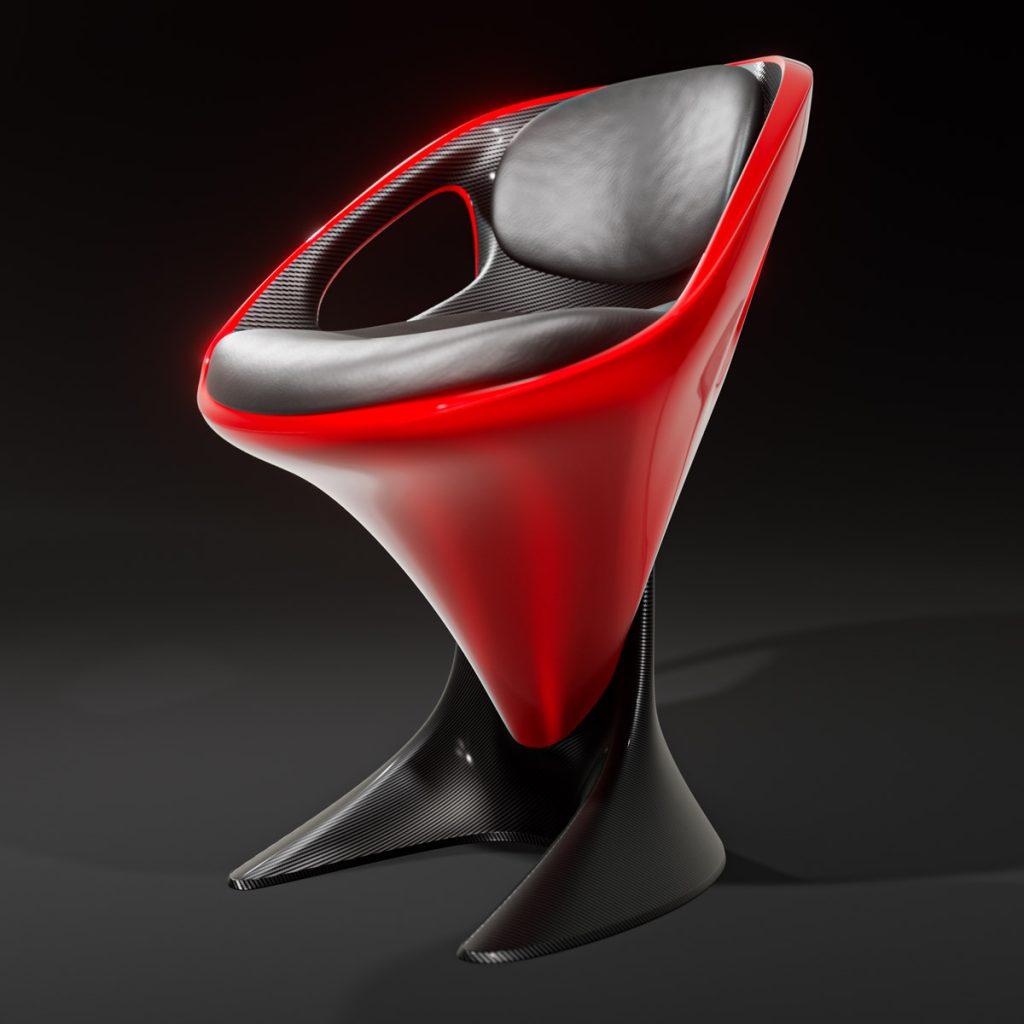 3D render of Tanso, a futuristic chair with carbon fiber and laser red elements by Mahan Rasouli