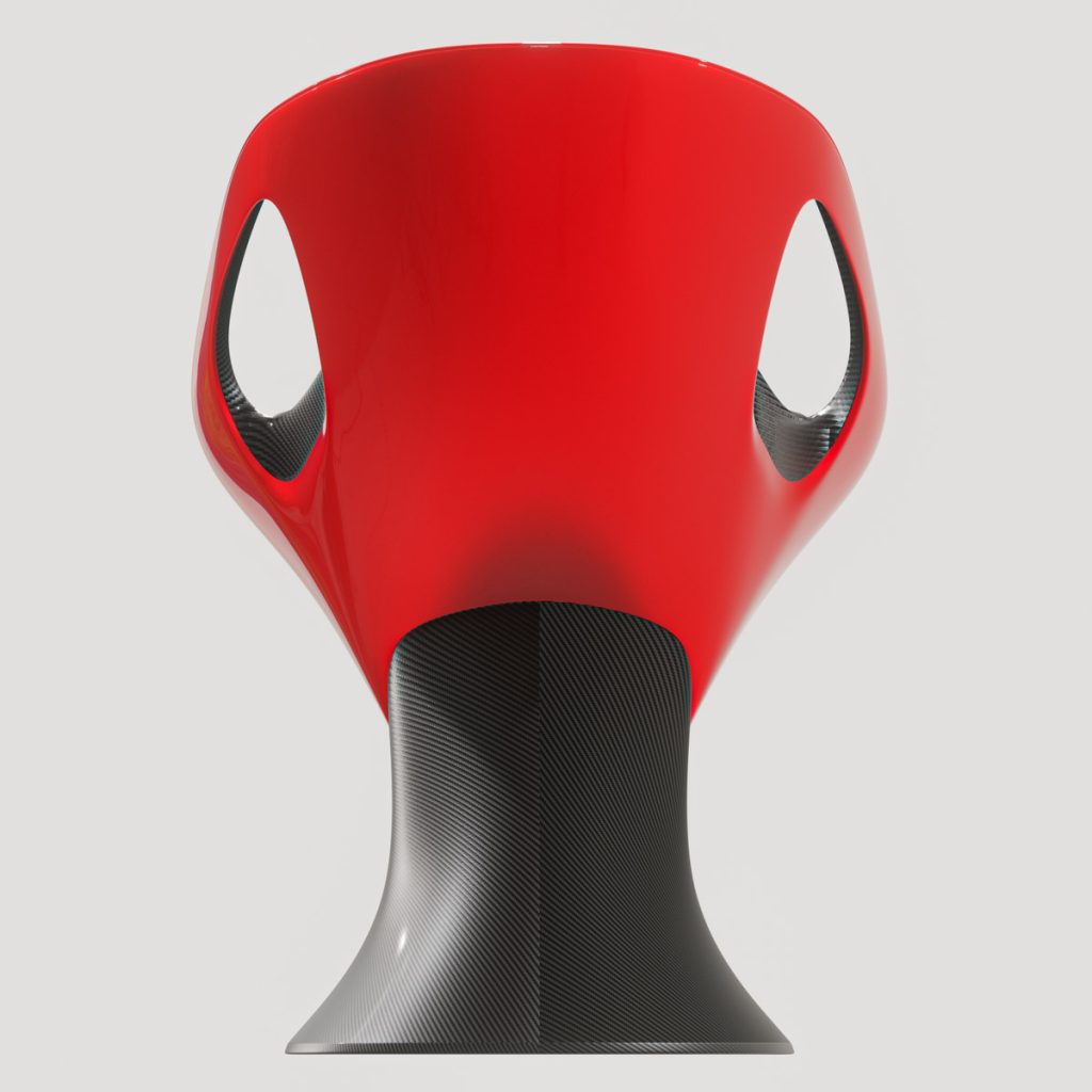 3D render of Tanso, a futuristic chair with carbon fiber and laser red elements by Mahan Rasouli