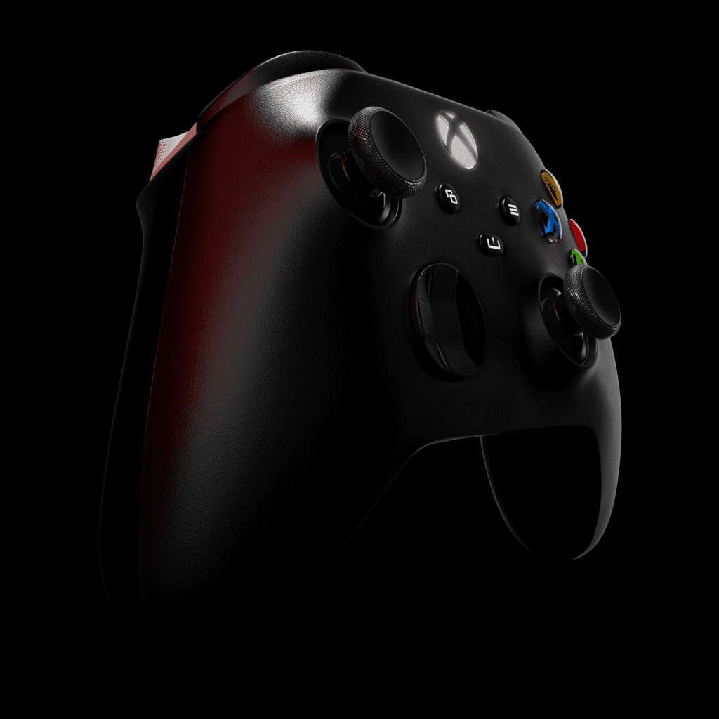 A high-quality render of an Xbox Series X controller, showcasing its ergonomic design and detailed textures.