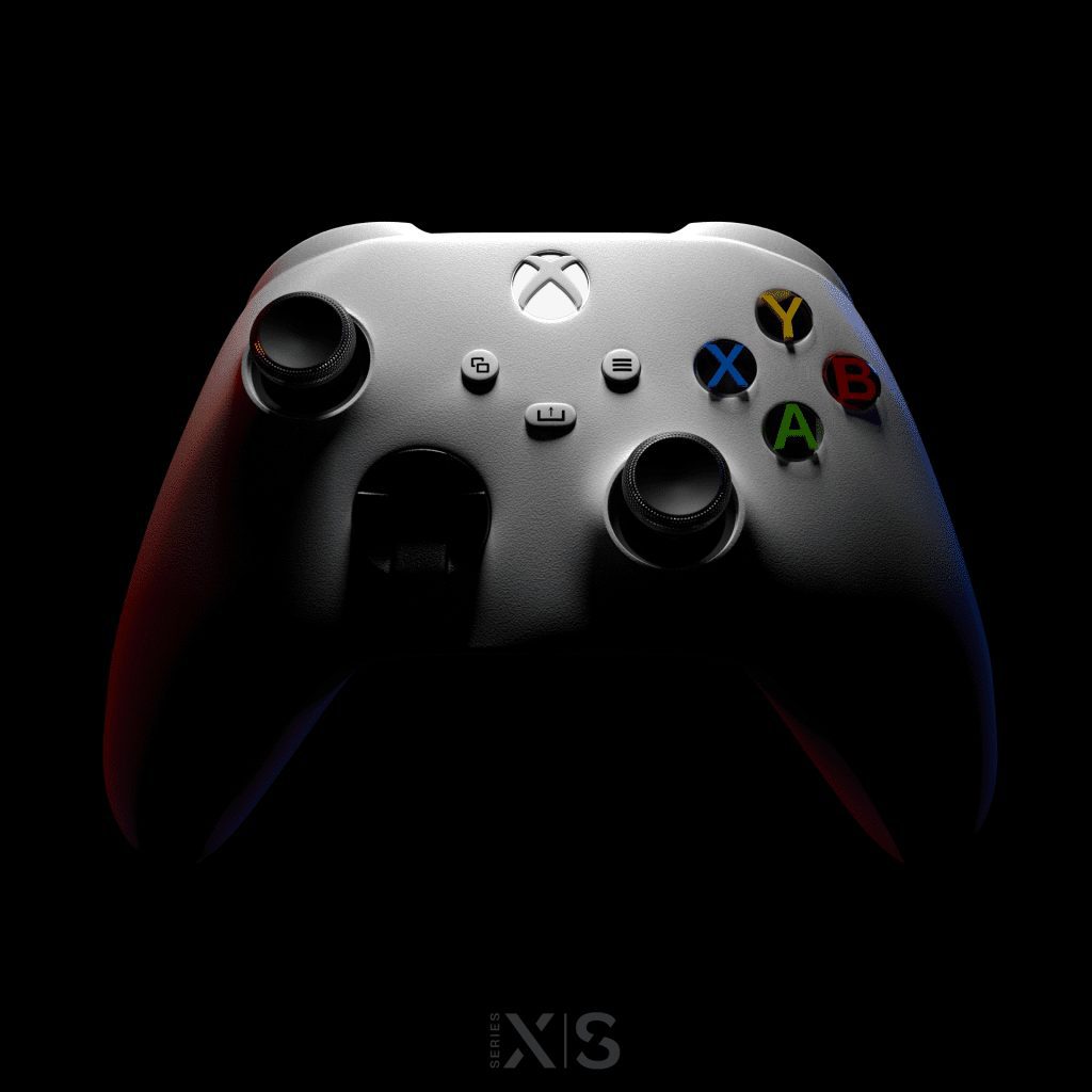 A high-quality render of an Xbox Series X controller, showcasing its ergonomic design and detailed textures.