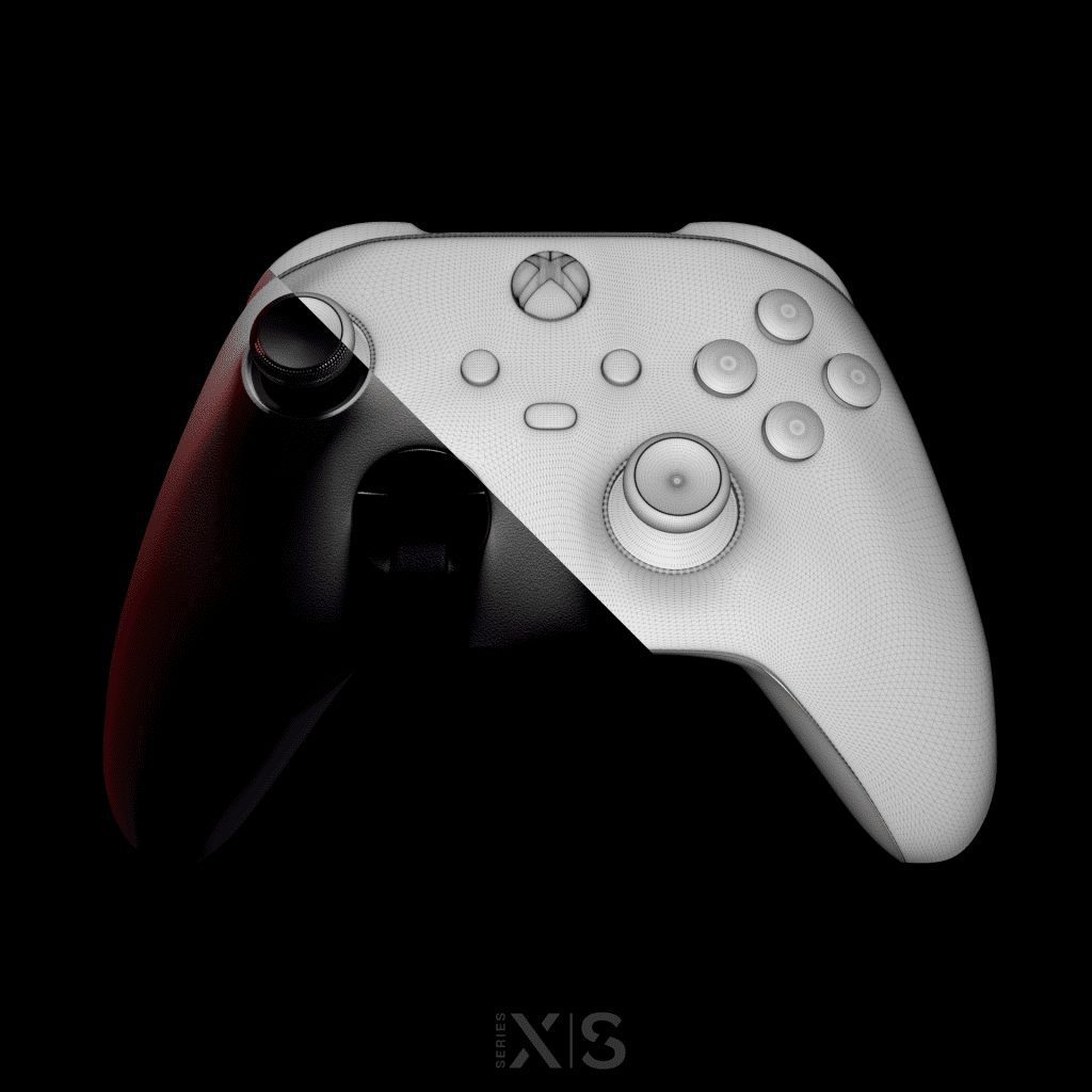 A high-quality render of an Xbox Series X controller, showcasing its ergonomic design and detailed textures.