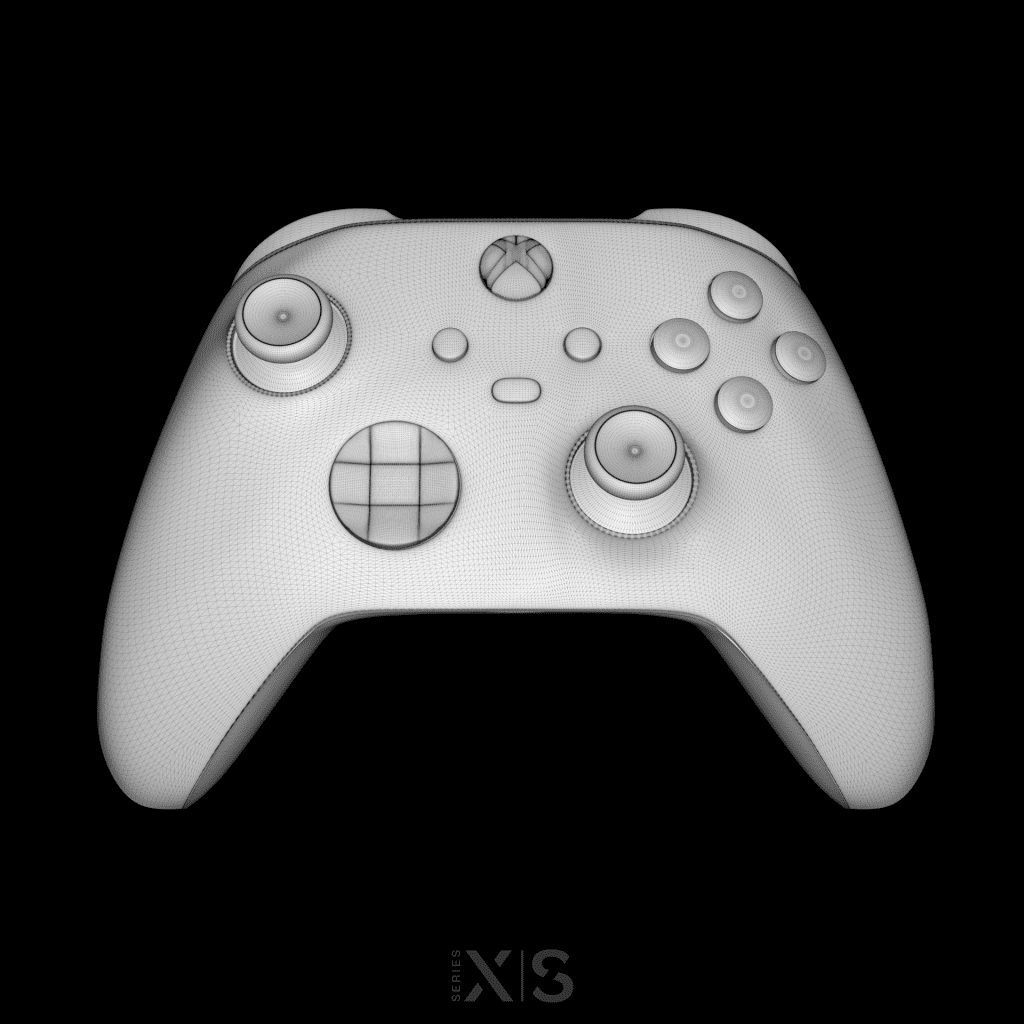 A high-quality render of an Xbox Series X controller, showcasing its ergonomic design and detailed textures.