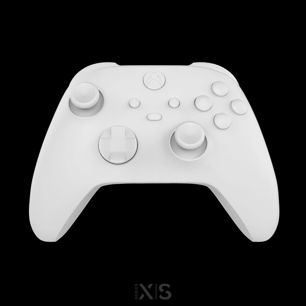 A high-quality render of an Xbox Series X controller, showcasing its ergonomic design and detailed textures.
