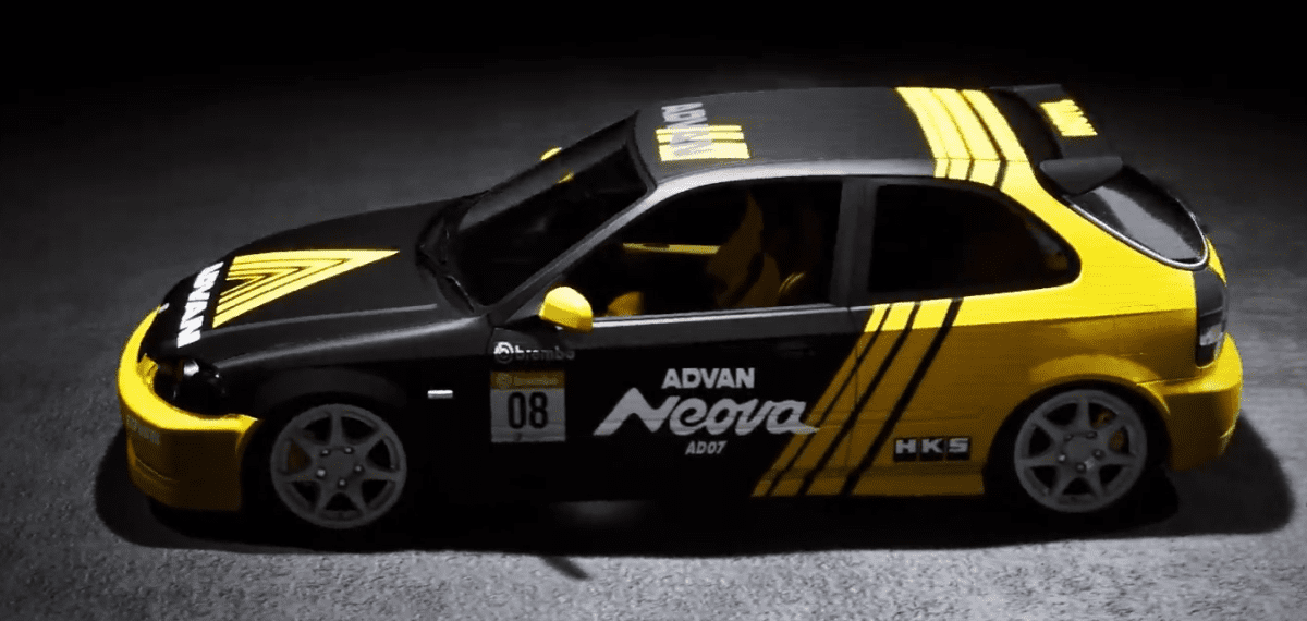 A 1997 Honda Civic featuring a custom yellow Advan livery, designed by Mahan Rasouli.