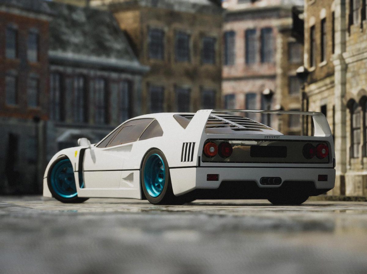 A stunning render of a white Ferrari F40 parked on a wet street in the early morning after rain.