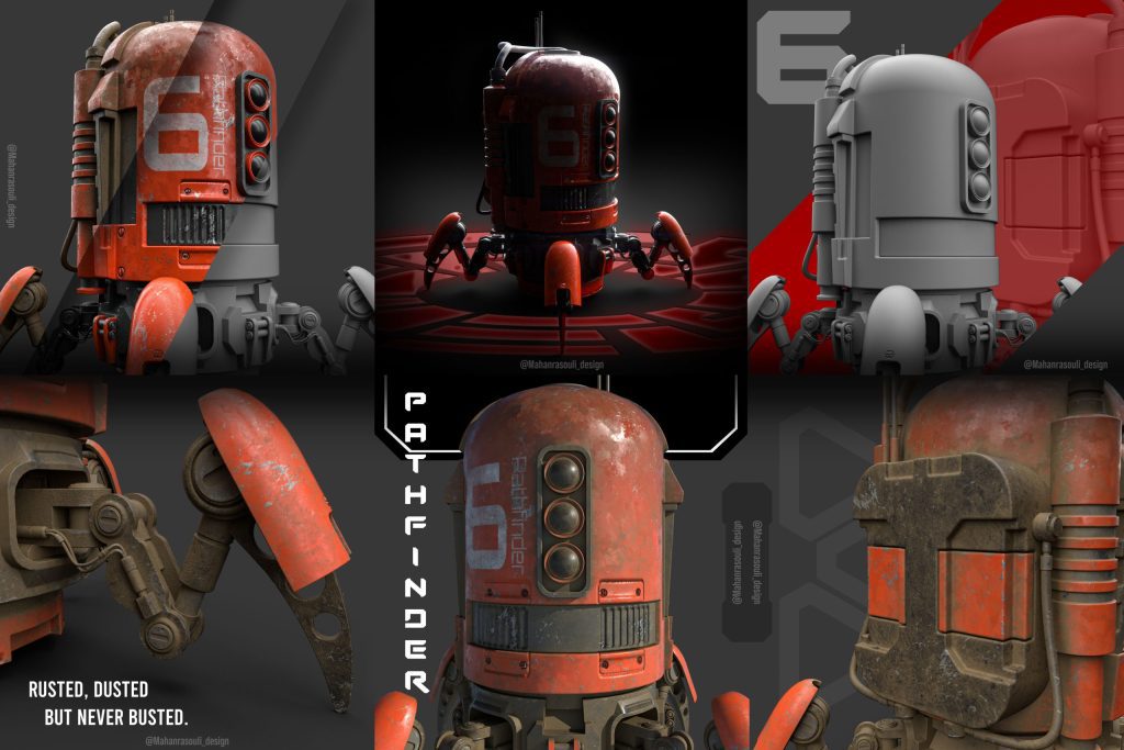 A futuristic robotic spider with detailed 3D textures, showcasing mechanical parts and glowing accents.