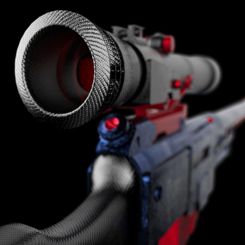 A sniper rifle with a detailed 3D texture, featuring battle-worn elements and a tactical aesthetic.