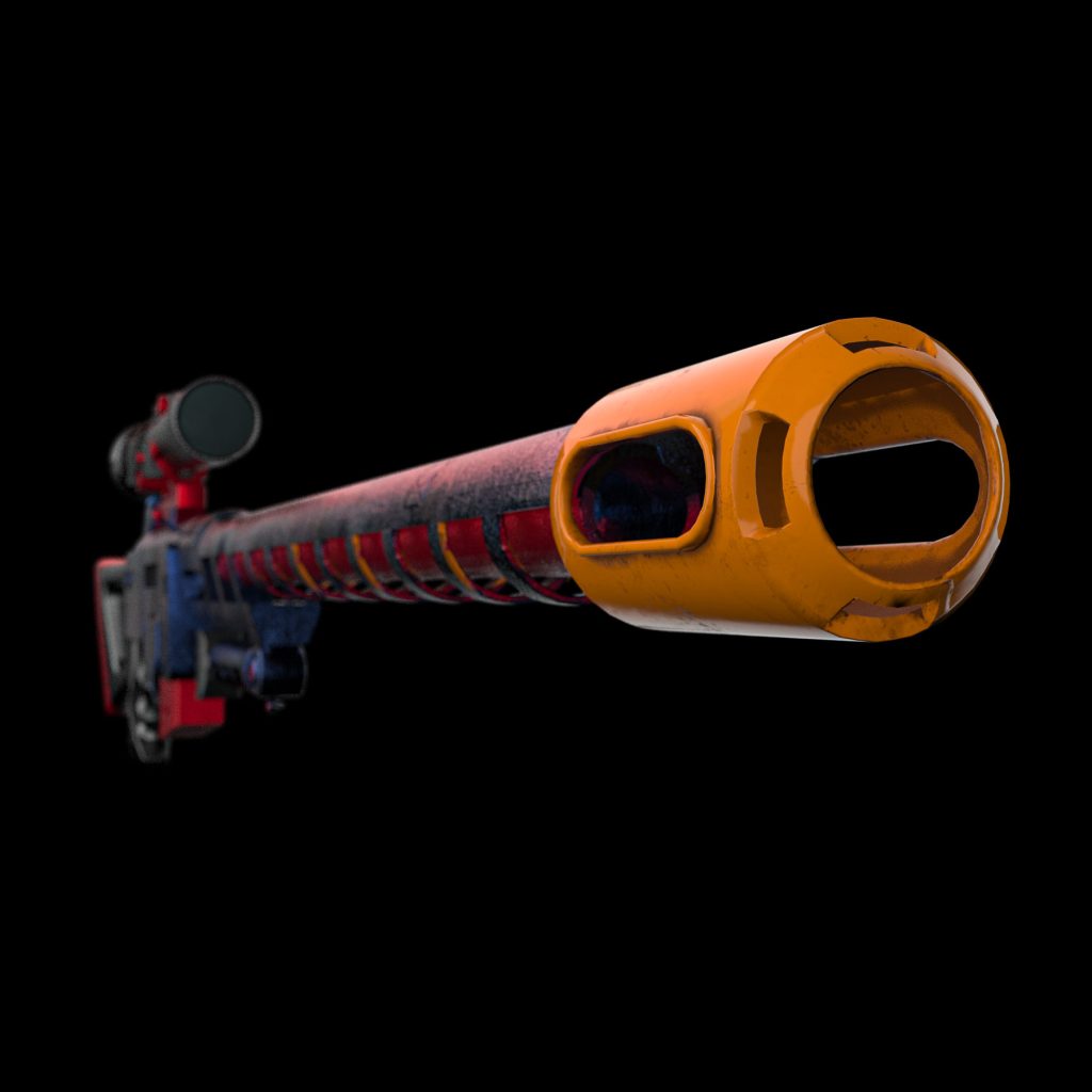A sniper rifle with a detailed 3D texture, featuring battle-worn elements and a tactical aesthetic.