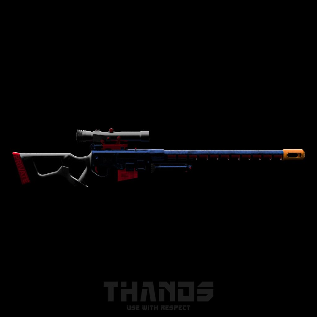 A sniper rifle with a detailed 3D texture, featuring battle-worn elements and a tactical aesthetic.