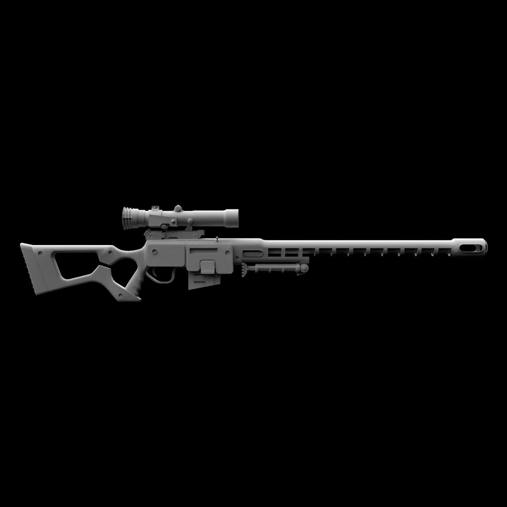 A sniper rifle with a detailed 3D texture, featuring battle-worn elements and a tactical aesthetic.
