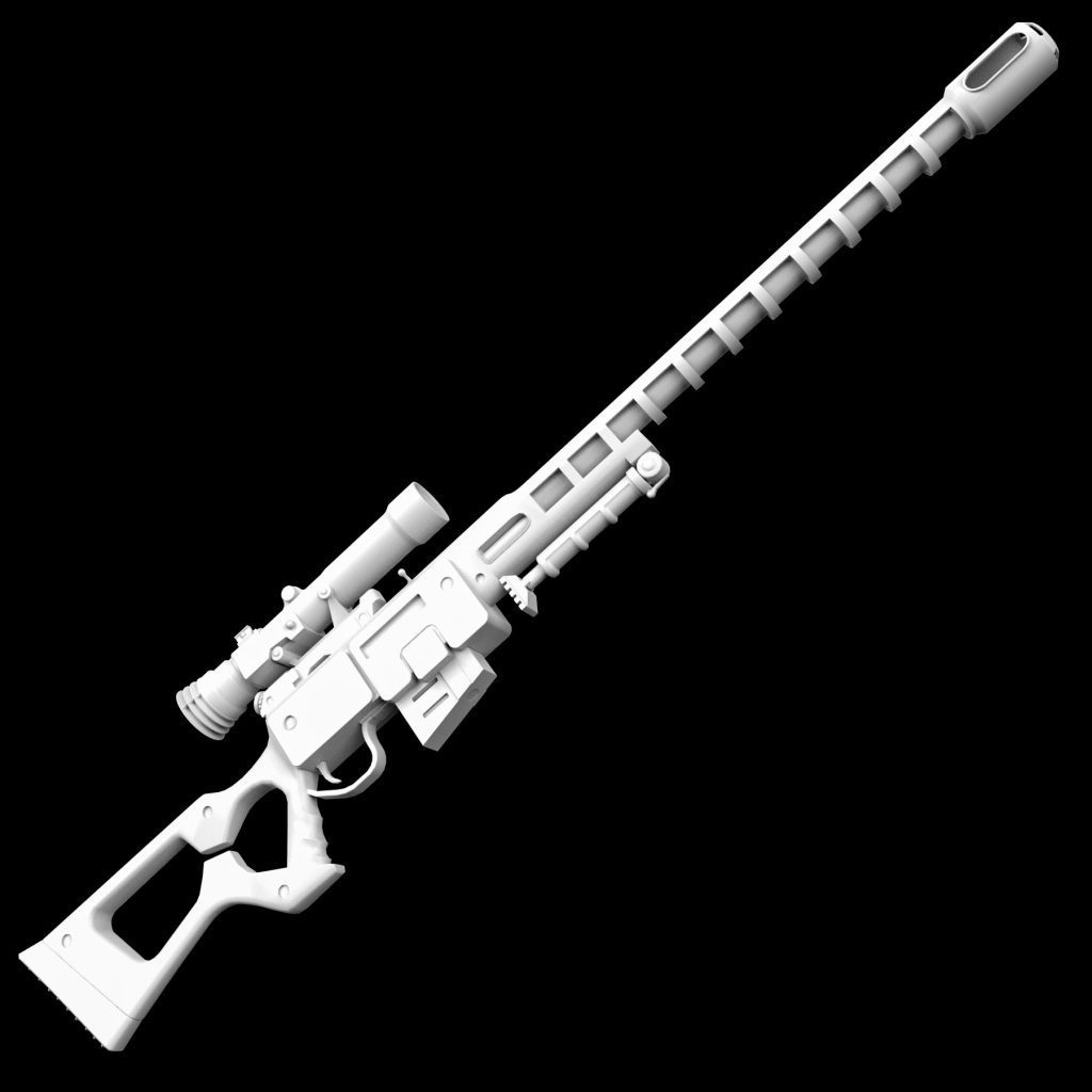 A sniper rifle with a detailed 3D texture, featuring battle-worn elements and a tactical aesthetic.