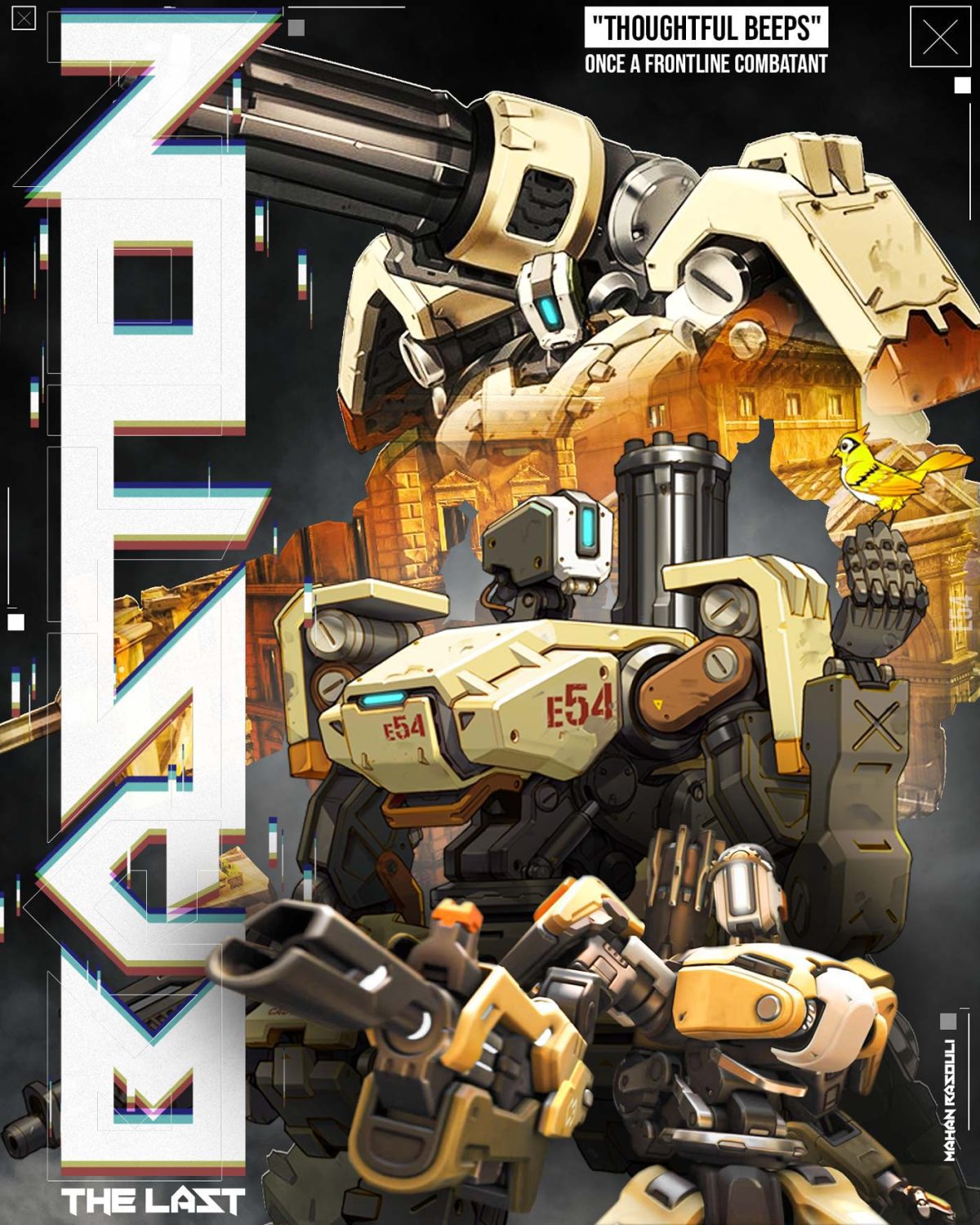 A digital illustration of Bastion from Overwatch, depicted in a futuristic and cinematic style.