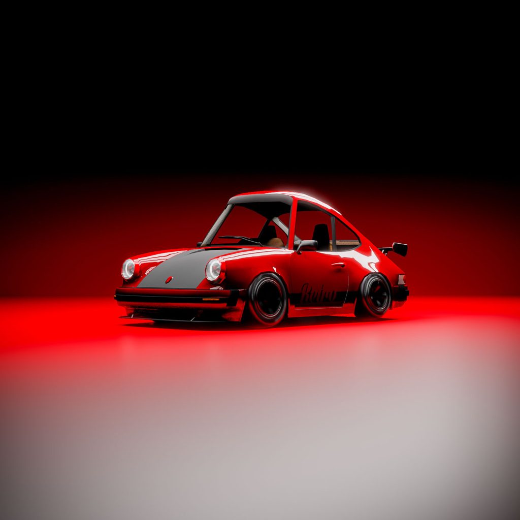 A low-poly Porsche car rendered with a stylized aesthetic, balancing simplicity with sleek automotive design.
