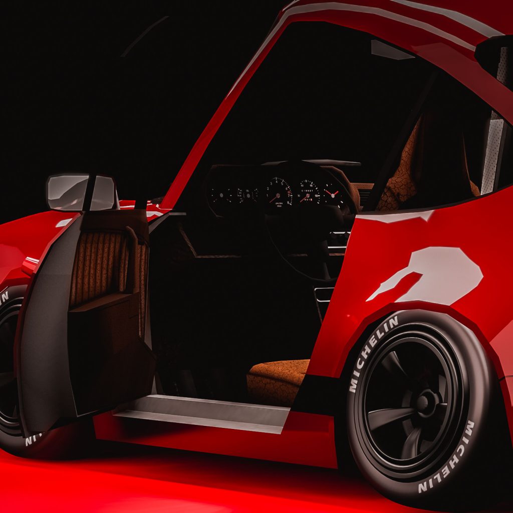 A low-poly Porsche car rendered with a stylized aesthetic, balancing simplicity with sleek automotive design.