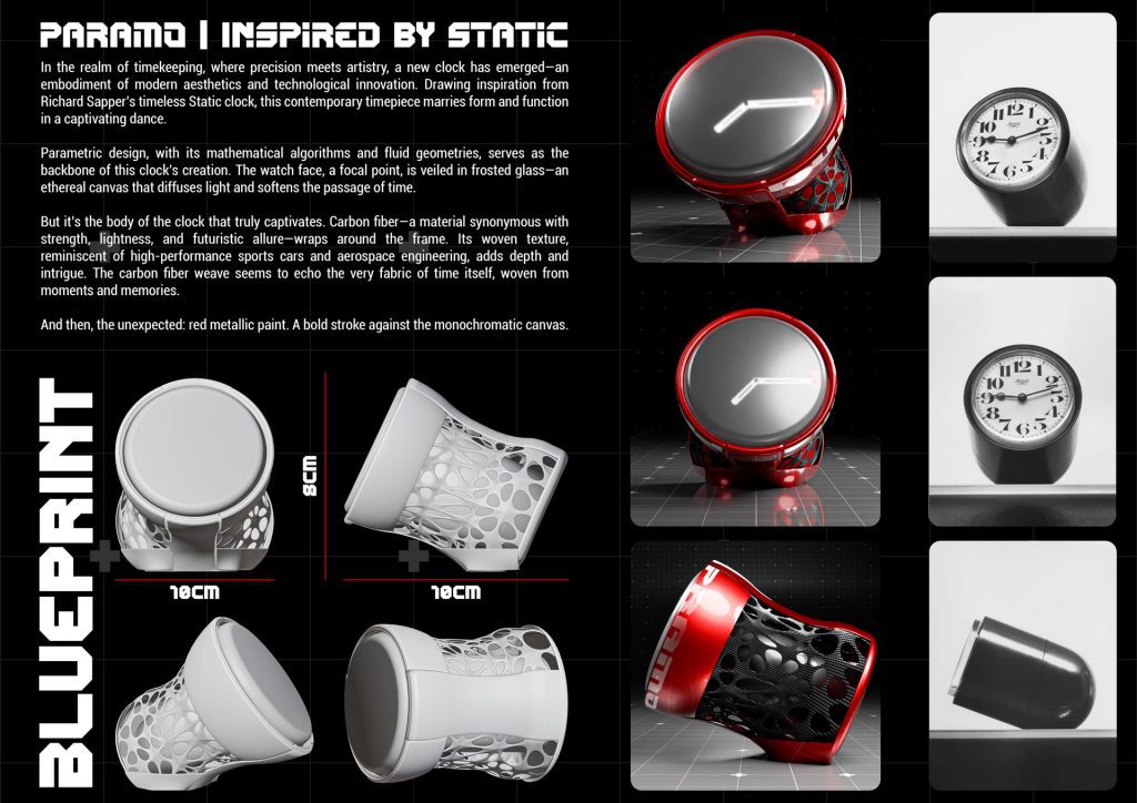 3D render of Paramo, a futuristic clock with carbon fiber and frosted glass elements by Mahan Rasouli