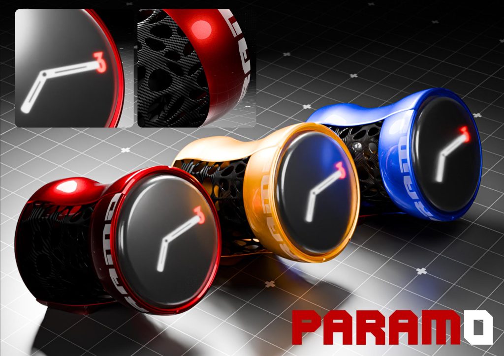 3D render of Paramo, a futuristic clock with carbon fiber and frosted glass elements by Mahan Rasouli