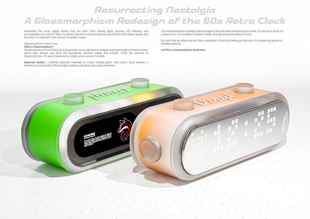 3D render of Vinyl, a retro digital clock with glassmorphism design by Mahan Rasouli