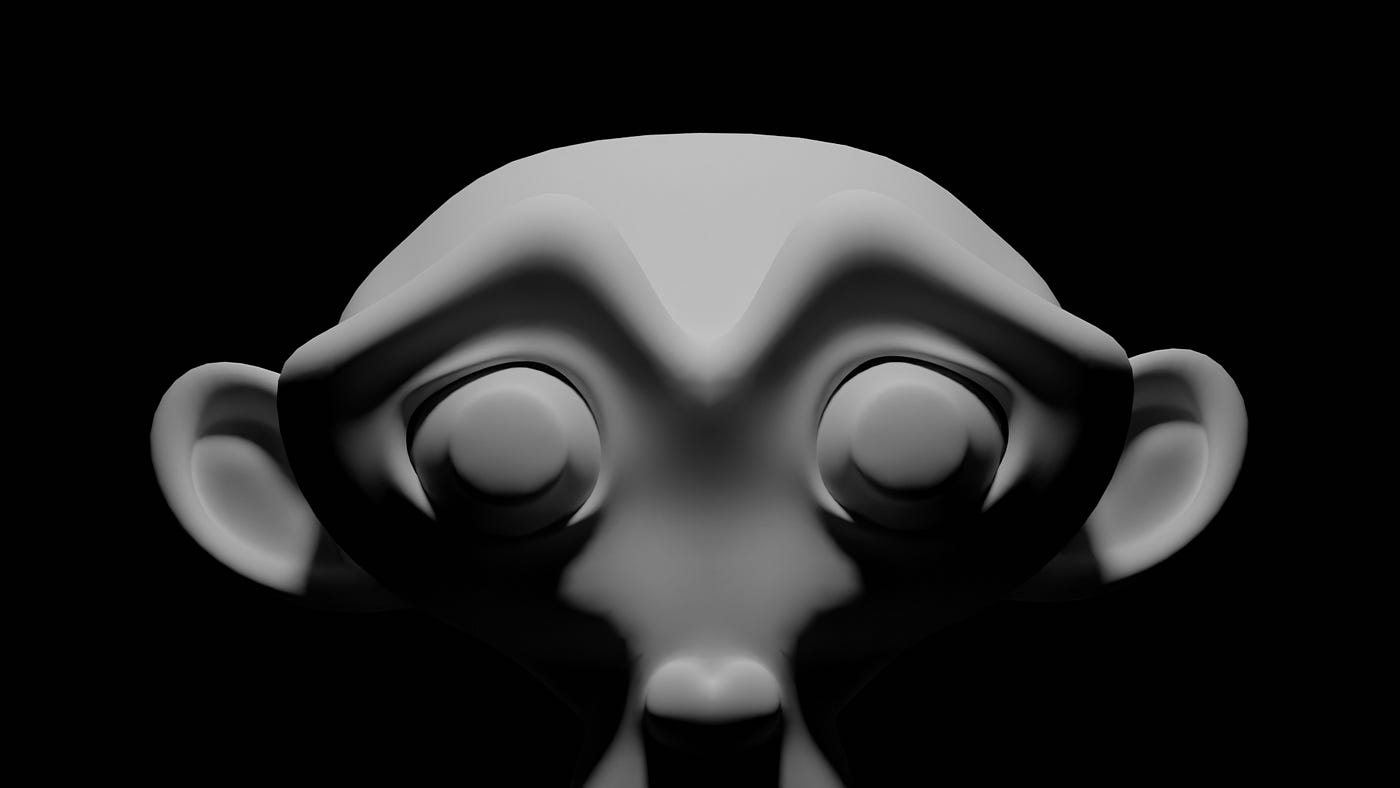 Blender Suzzanne with white color inside a dark scene with powerful white light from top