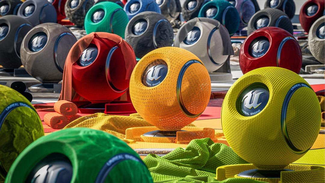 Unreal Engine Material Spheres with a lot of different materials applied to them