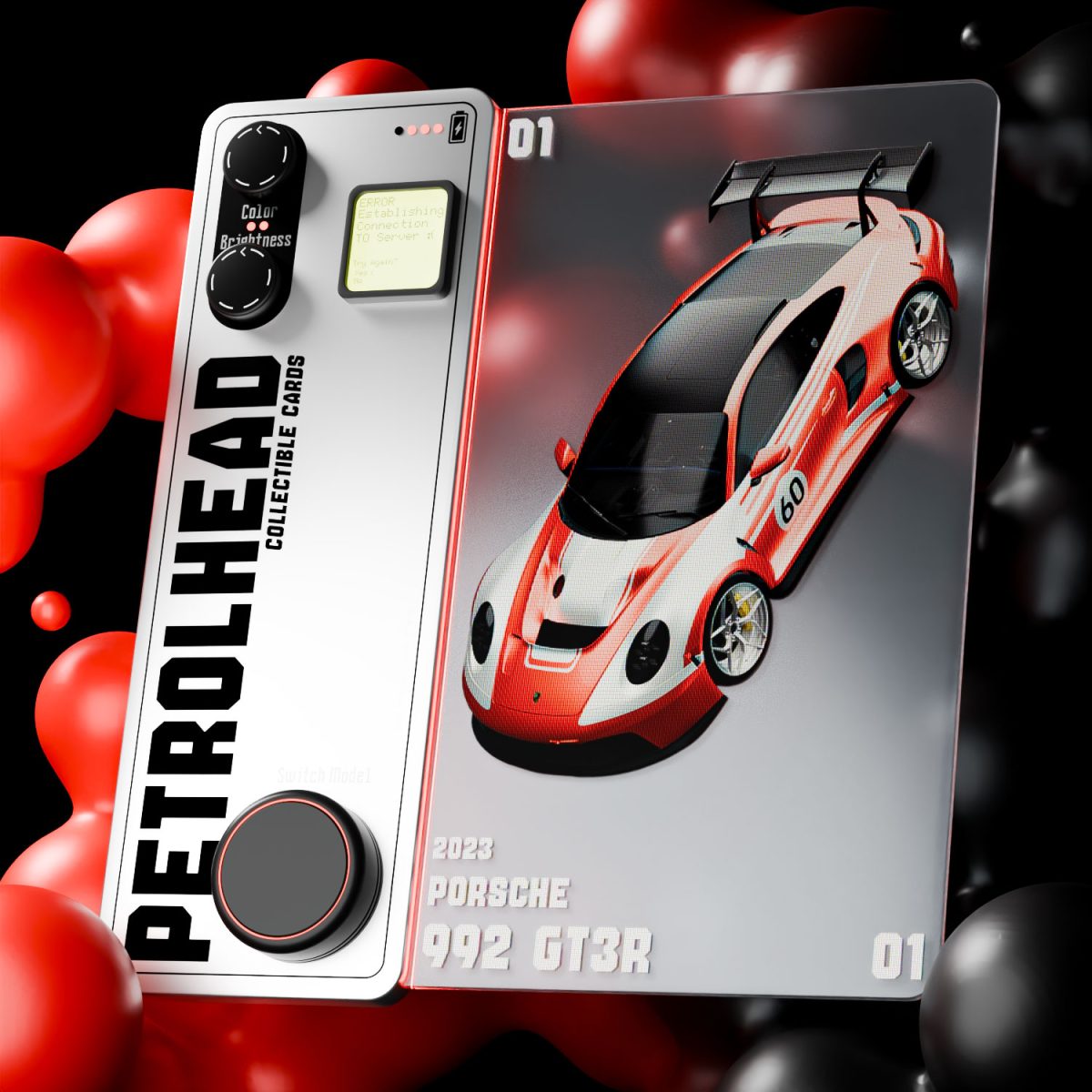 A futuristic sci-fi NFT collection with a glassy screen, displaying different collectible cars in a high-tech digital format.